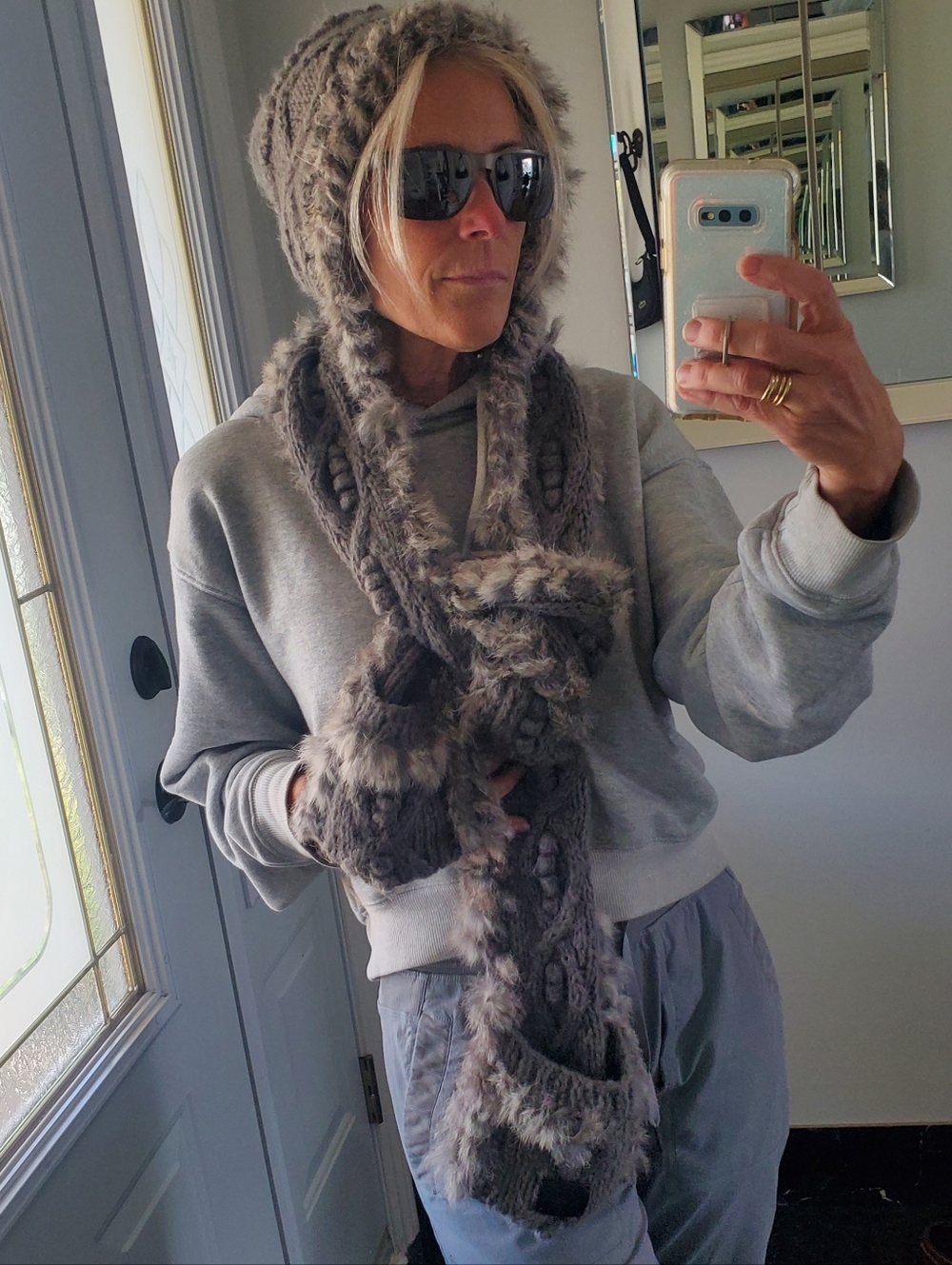 RUDSAK Gray Chunky Knit Hooded Scarf with Rabbit Fur Trim